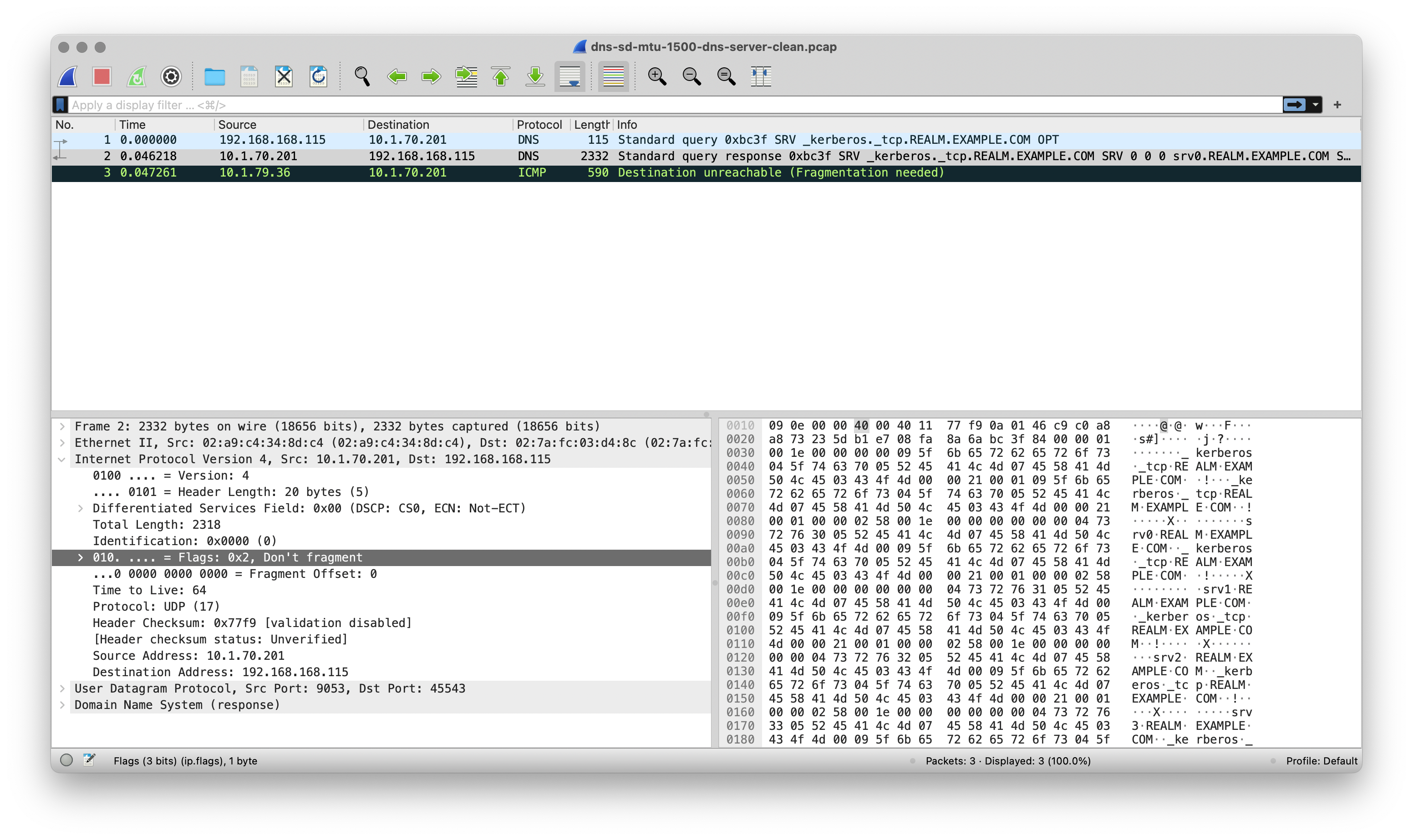 Network trace showing the DNS request and answer and the ICMP message